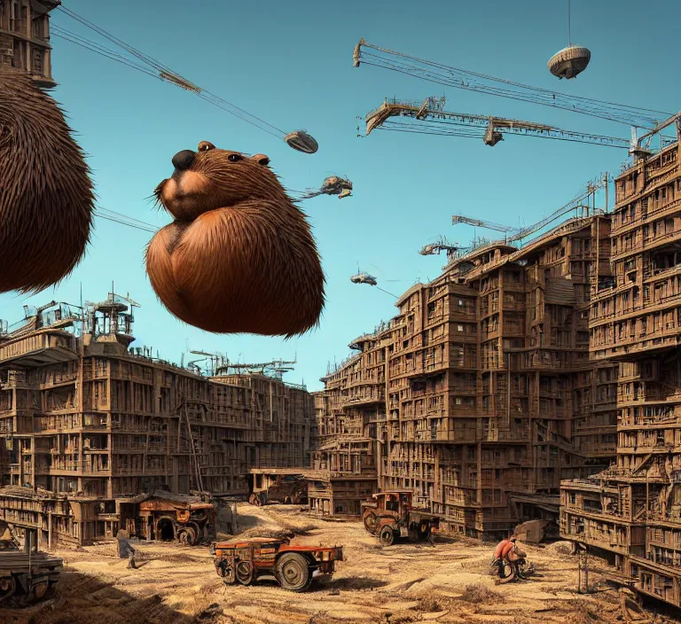 Prompt: hyperrealism caravaggio style photography hyperrealism concept art of highly detailed beavers builders that building highly detailed futuristic from far future city by wes anderson and hasui kawase and scott listfield sci - fi style hyperrealism rendered in blender and octane render volumetric natural light