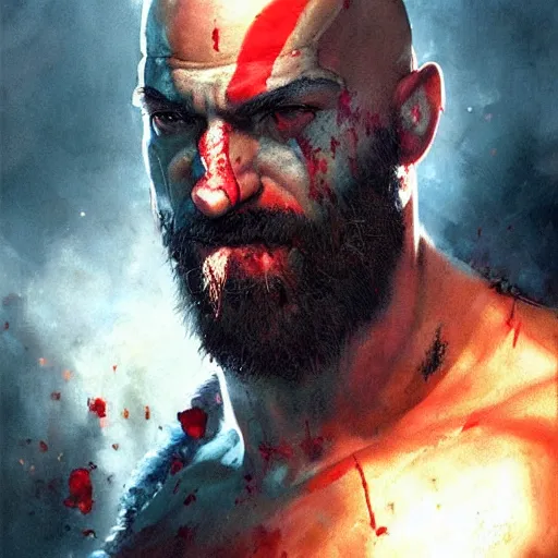 Image similar to kratos portrait, bleeding, by greg rutkowski, cinematic view, great light