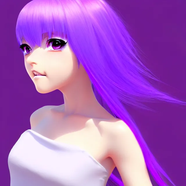 Prompt: a 3 d anime girl with lavender hair, purple eyes and white dress, profile photo, digital artwork, very beautiful face