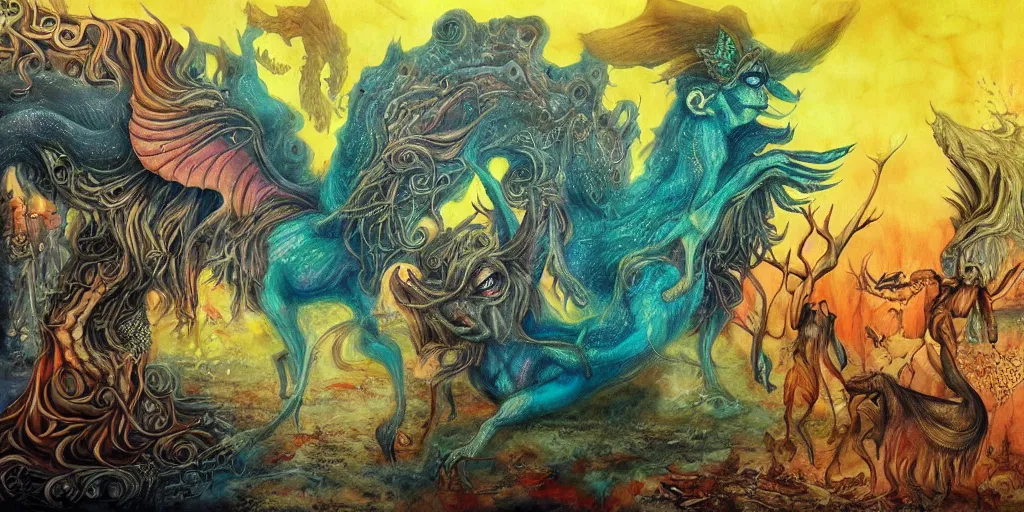 Image similar to mythical creatures and monsters in the imaginal realm of the collective unconscious, surreal mixed media painting by ronny khalil