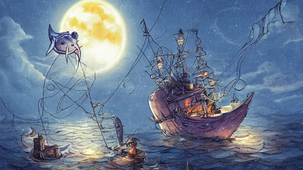 Image similar to a giant!!!! anglerfish!!!! breaking the surface of the water meets a lantern - holding!!!! sailor!!!! on a ( sloop ), ( background with large full moon and purple sky ), in the styles of tom coletti, jorge jacinto, and thomas veyrat intricate, accurate details