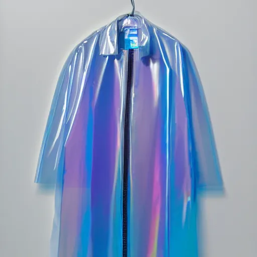Prompt: an ultra high definition professional studio quality photograph of a transparent iridescent perspex pastel coloured raincoat on a white coat hook in an empty white room. dramatic lighting, ray tracing, refraction, shallow d. o. f, colour corrected, golden ratio, three point light. light rays.