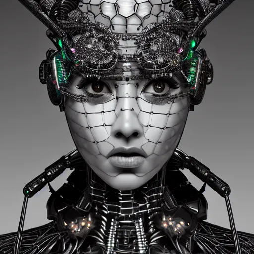 Prompt: portrait of an absurdly beautiful, graceful, sophisticated, fashionable african cyberpunk mechanoid gravure idol, ultrafine hyperdetailed illustration by irakli nadar, matt wisniewski style, marvel comics, intricate linework, black porcelain skin, neon jellyfish headdress, ivory carved ruff, unreal engine 5 highly rendered, global illumination, radiant light, detailed and intricate environment