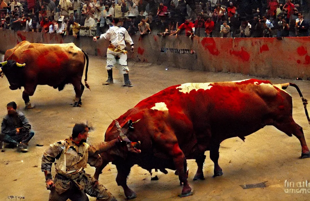 Image similar to bull in the bullring of pamplona, san fermin, detailed painting, epic lighting, by ilya repin, phil hale and kent williams