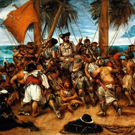 Image similar to painting of ruthless pirates in the Caribbean, Paolo Veronese style