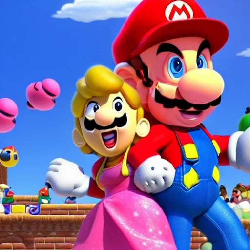 Image similar to super mario and hispanic princess peach spicy latina in pixar animated movie 4k octane render