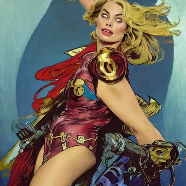 Image similar to an aesthetic!, detailed portrait of margot robbie dressed as a superhero for marvel studios, action movie still, by frank frazetta and alphonse mucha, oil on canvas, bright colors, art nouveau, epic composition, dungeons & dragons, fantasy art, hd, god - rays, ray - tracing, crisp contour - lines, huhd - 8 k