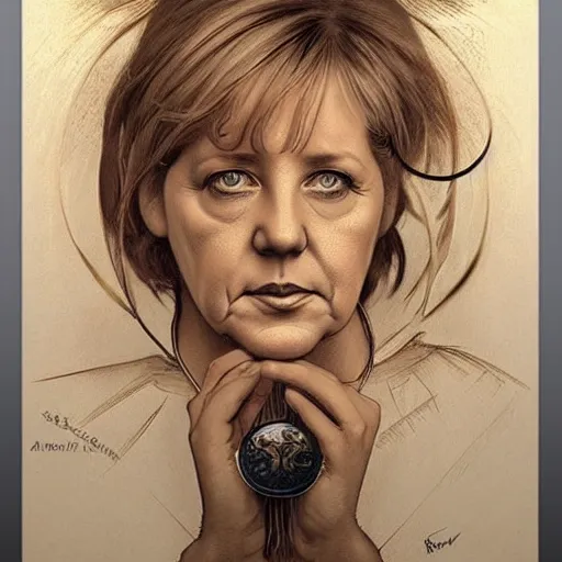 Image similar to amazing lifelike award winning pencil illustration of angela merkel trending on art station artgerm Greg rutkowski alphonse mucha cinematic