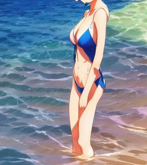 Prompt: an anime girl wading in the beach, waist deep in the water, ripples, facing the camera, full shot, wearing blue swimsuit. By Makoto Shinkai, Stanley Artgerm Lau, WLOP, Rossdraws, James Jean, Andrei Riabovitchev, Marc Simonetti, krenz cushart, Sakimichan, trending on ArtStation, digital art.