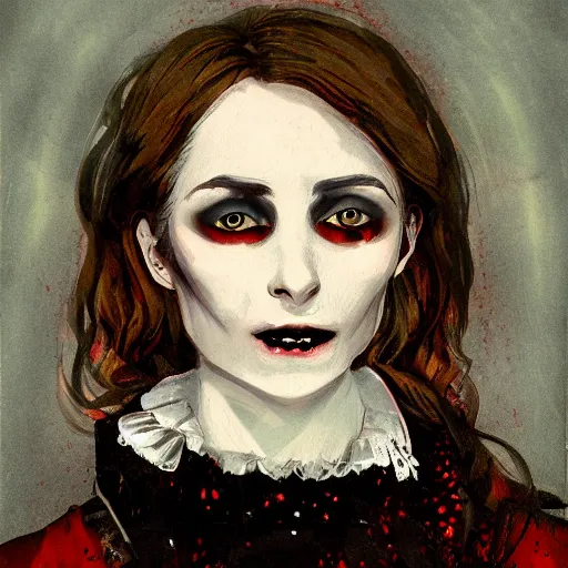 Image similar to head and shoulder professional portrait of a victorian female vampire, painted in the style of bloodborne, interesting color use, vampire fashion, highly detailed, melancholy, vampire teeth