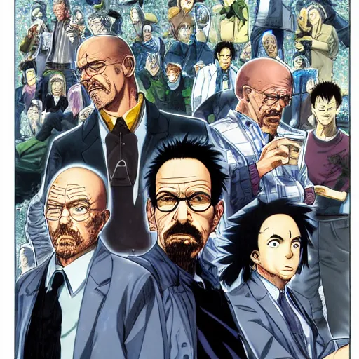 Prompt: Breaking Bad, manga cover illustration by Hirohiko Araki, Takeuchi Takashi, Pochi Iida, Masashi Kishimoto, Junichi Oda, Jojo, Shonen Jump, detailed HD