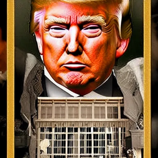 Prompt: donald trump behind bars in the style of an old western film, sad face, pouting