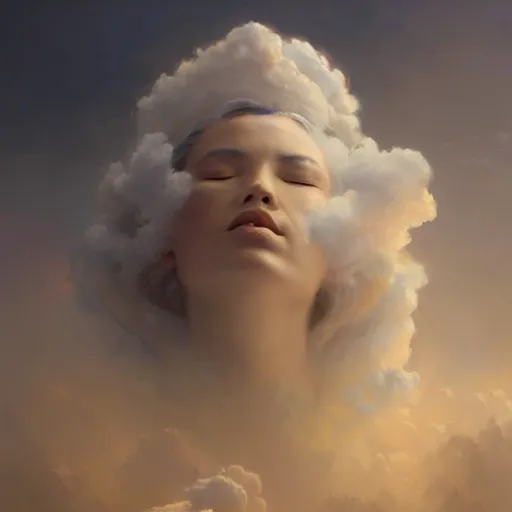 Prompt: a beautiful portrait of a cloud goddess with clouds in the background and closed eyes by Greg Rutkowski and Raymond Swanland, Trending on Artstation, ultra realistic digital art