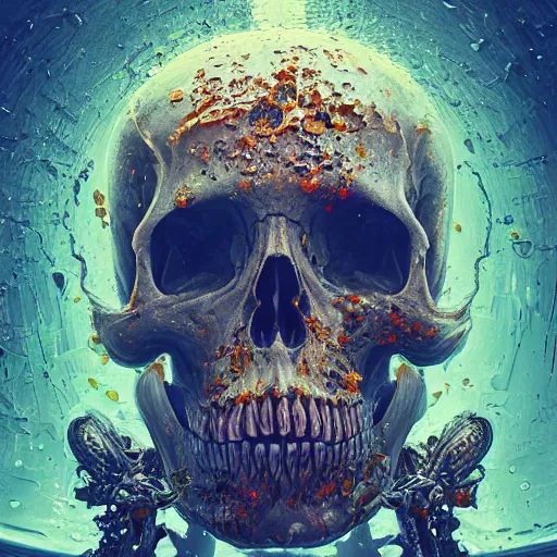 Image similar to portrait of a melting skull. intricate abstract. intricate artwork. by Tooth Wu, wlop, beeple, dan mumford. octane render, trending on artstation, greg rutkowski very coherent symmetrical artwork. cinematic, hyper realism, high detail, octane render, 8k, depth of field, bokeh. psychedelic accents