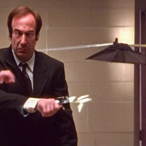 Image similar to saul goodman slow - motion dodging a bullet in the matrix ( 1 9 9 9 )