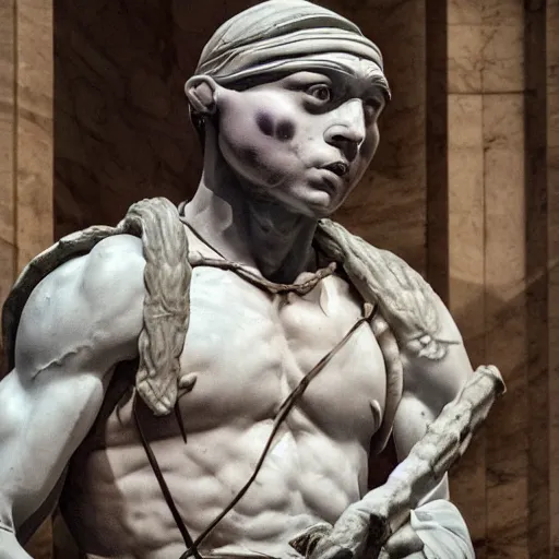 Prompt: donatello of the teenage mutant ninja turtles as a sculpture from the renaissance artist michelangelo, made of white marble, high details, cinematic, dramatic lighting, photorealistic