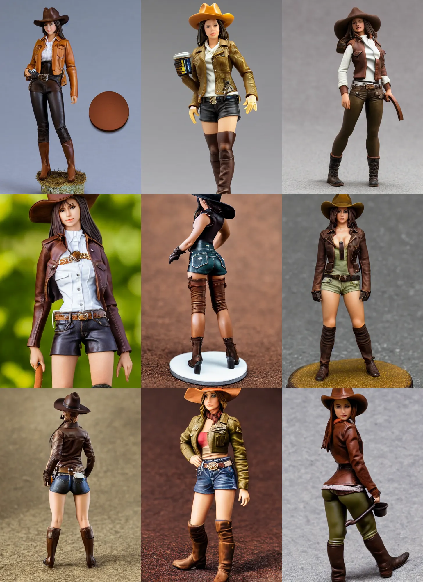 Prompt: 80mm resin detailed miniature of a cow girl, Short brown leather jacket, hot-pants, olive thigh skin, ten-gallon hat, on textured disc base; Miniature product Introduction Photos, 4K, Full body