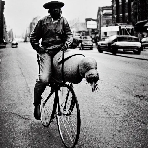 Prompt: a man riding a walrus down the street, kodachrome, 3 5 mm f 1. 4 lens, depth of field, dramatic lighting, masterpiece