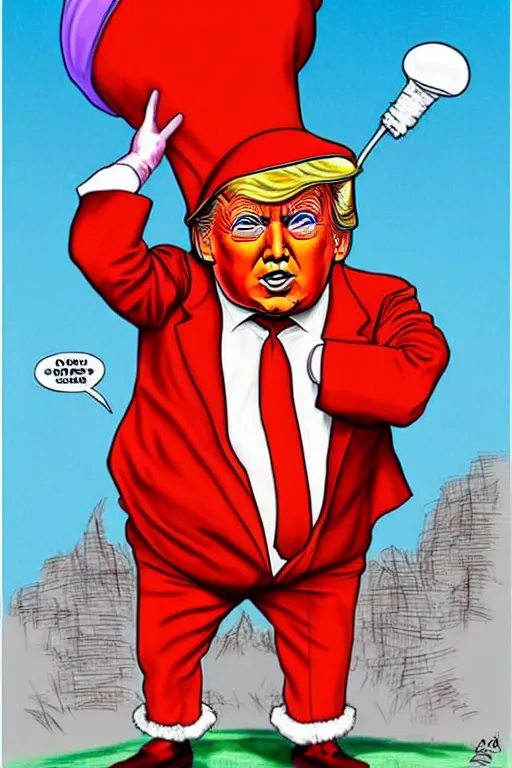 Image similar to donald trump as an oompa loompa, in the style of kim jung gi