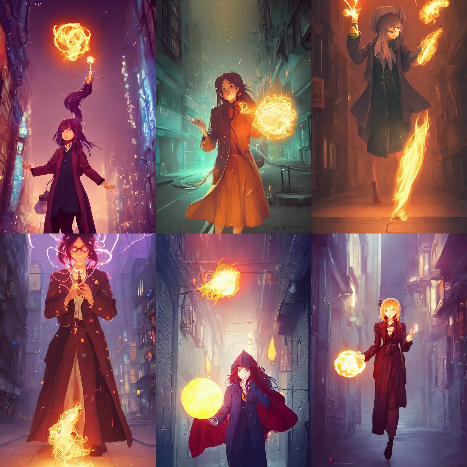 Prompt: a portrait of a cute female wizard wearing a flowing very stylish trenchcoat, holding a glowing fireball in her hand, fireball lighting her face from below, embers, urban fantasy setting, narrow street, vivid colors, warm lighting, atmospheric, cinematic, moody, in the style of Ilya Kuvshinov and Range Murata, Krenz Cushart, rule of thirds, oil on canvas, 8k