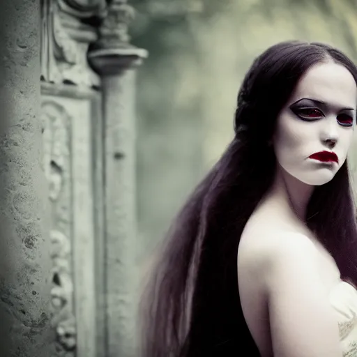 Image similar to A beautiful portrait of a lady vampire, victorian, dracula, ominous, depth of field, 85mm lens, bokeh, irwin penn, high definition, soft light