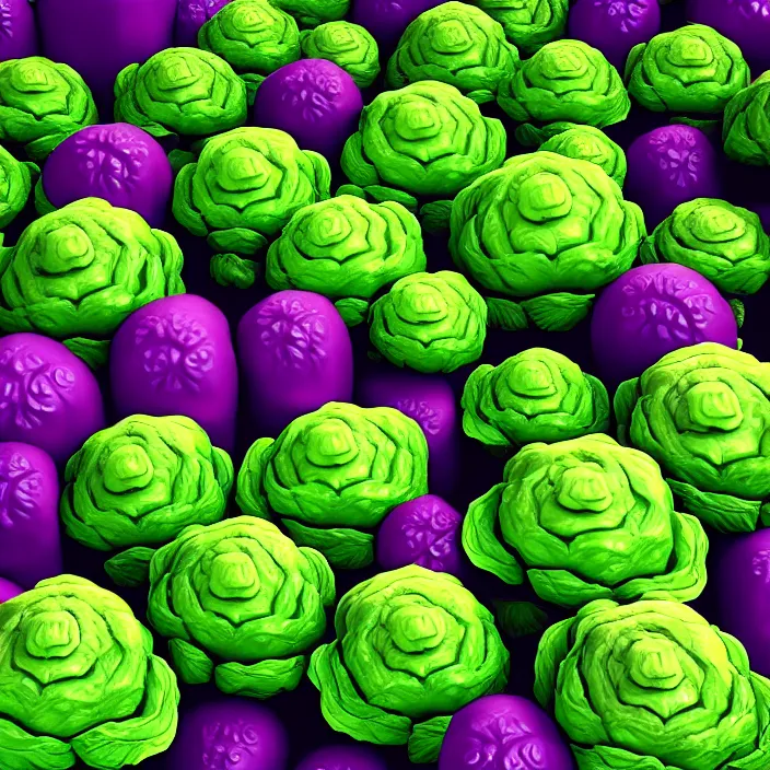 Image similar to high quality 3 d render very cute cabbages! money everywhere, highly detailed, unreal engine cinematic smooth, moody purple green light, low angle, uhd 8 k