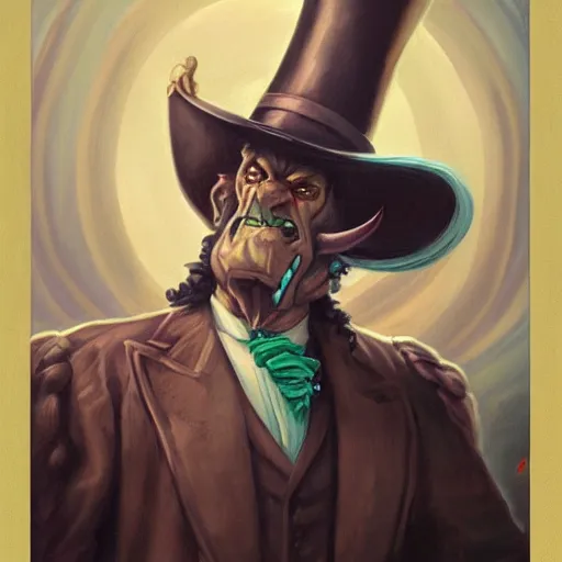 Image similar to a victorian era portrait painting of a warcraft orc in a suit and top hat by Peter Mohrbacher