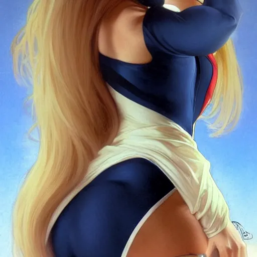 Image similar to a beautiful portrait of a beautiful cute young superhero girl, shoulder - length blonde hair, tight solid matte navy blue lycra bodysuit, white cape, buff, body, muscular, intricate, elegant, 8 k, highly detailed, digital painting, concept art, smooth, sharp focus, illustration, by artgerm greg rutkowski alphonse mucha loish wlop