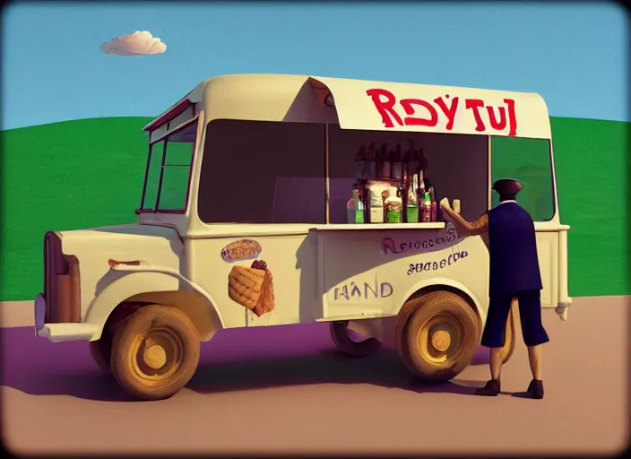 Image similar to an ice cream van that sells snake oil instead of ice cream, rowdy salesman hawking little brown bottles, medicine, snake van, painting by René Magritte, Grant Wood, 3D rendering by Beeple