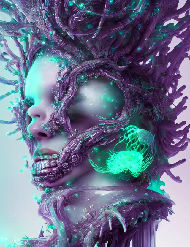 Image similar to 3 d goddess macro close - up portrait wigh crown made of ram skull. betta fish, jellyfish phoenix, bioluminiscent, plasma, ice, water, wind, creature, super intricate ornaments artwork by tooth wu and wlop and beeple and greg rutkowski