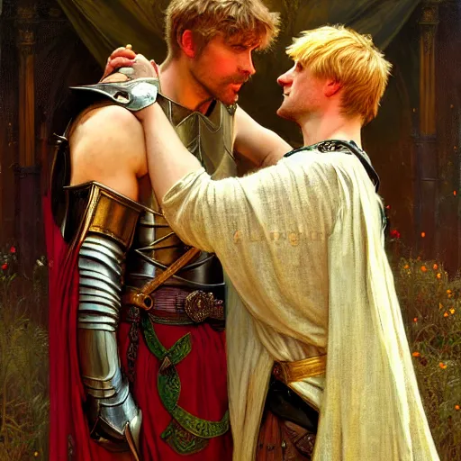 Image similar to attractive arthur pendragon and his attractive male knight, they are in love, natural lighting, path traced, highly detailed, high quality, digital painting, by gaston bussiere, craig mullins, alphonse mucha j. c. leyendecker