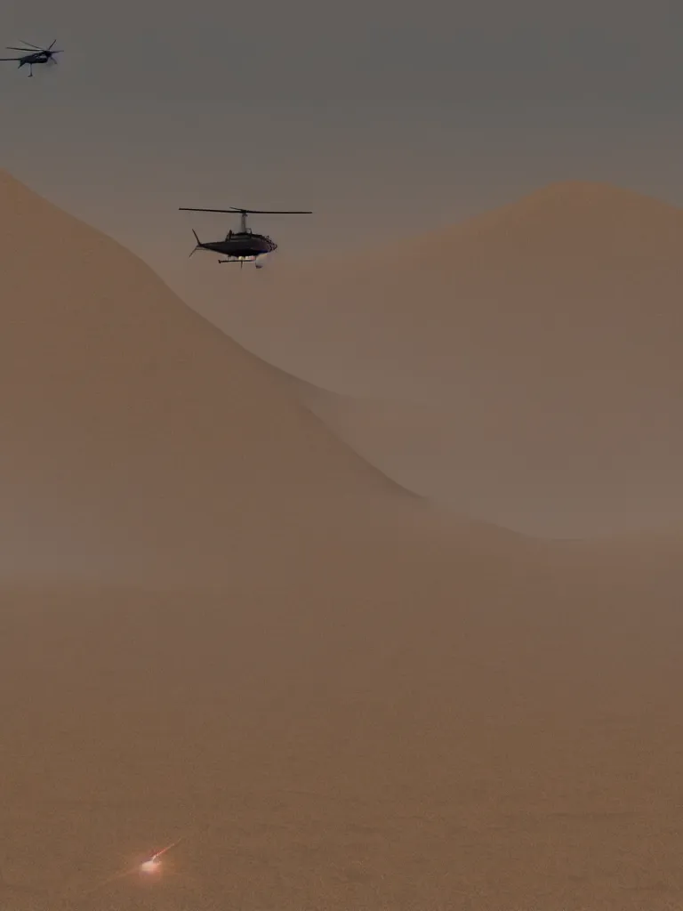 Prompt: close up! photo of helicopter flying over a sand hills covered in dust, desert environment, extremely detailed matte painting by jeremy geddes, featured on cg society, video art, reimagined by industrial light and magic, anamorphic lens flare, # vfxfriday