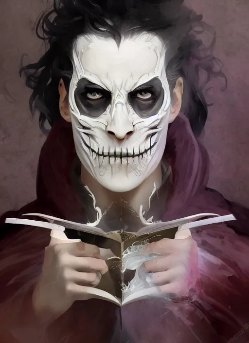 Image similar to character concept portrait of an princely young angry Spanish wizard with pale white skin and wearing half skeleton mask while casting a dark seduction spell, a floating burning spell book in the center, intricate, elegant, digital painting, concept art, smooth, sharp focus, illustration, from Metal Gear, by Ruan Jia and Mandy Jurgens and William-Adolphe Bouguereau, Artgerm