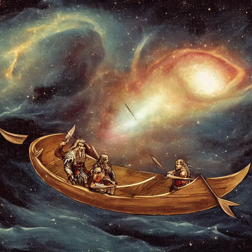 Image similar to a medieval viking longboat rowing through an ocean that is a nebula, several supernovae in the background, distant black hole ejecting a near light speed stream of matter across the scene