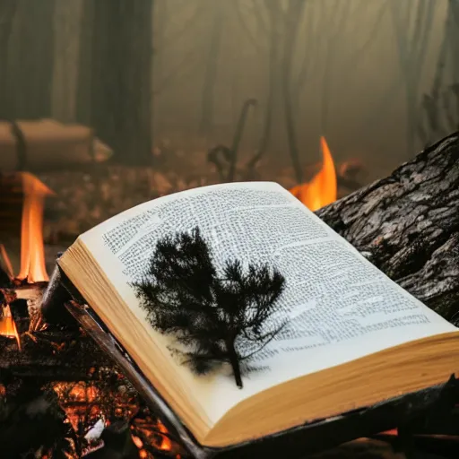 Image similar to studio photography of a book next to a campfire, nightime, spooky woods, fog, scary, horror, frightening