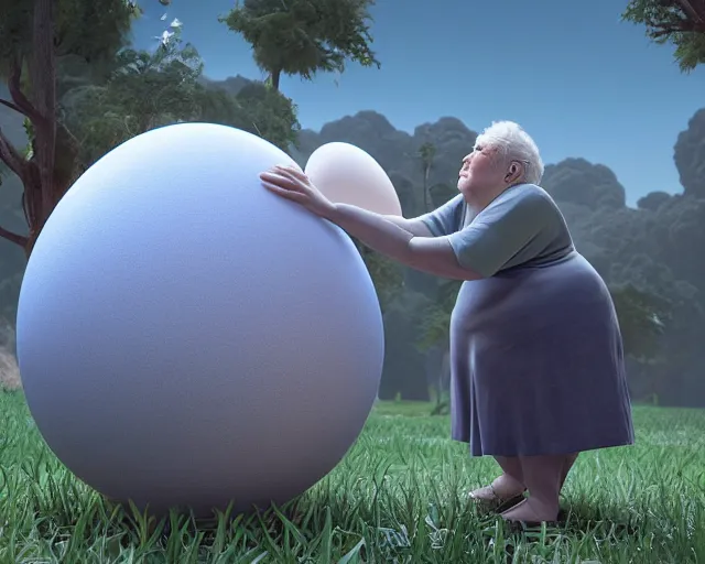 Prompt: of a very beautiful scene. ambient occlusion render. a sweet fat old woman is nursing a beautiful colorful huge egg. hyper realistic. 4 k. wide angle. baroque style. wild. symmetrical face, red mouth, blue eyes. deep focus, lovely scene. ambient occlusion render. concept art. unreal engine.