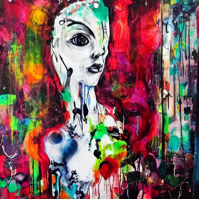 Image similar to “ a portrait in a female art student ’ s apartment, magic mushrooms, sensual, art supplies, a candle dripping white wax, berry juice drips, acrylic and spray paint and oilstick on canvas, surrealism, neoexpressionism ”