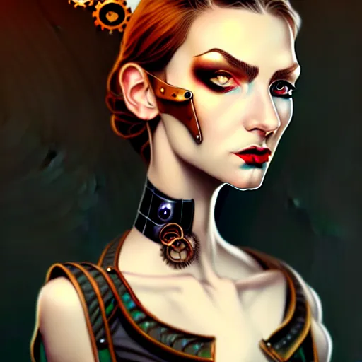 Image similar to character concept portrait of a steampunk woman with pale face, intricate, elegant, digital painting, concept art, smooth, sharp focus, illustration,