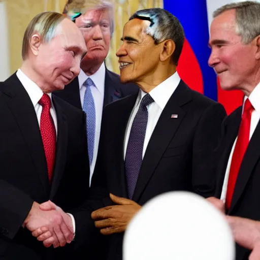 Prompt: putin, trump, obama and bush are having a laser sable fight and smiling