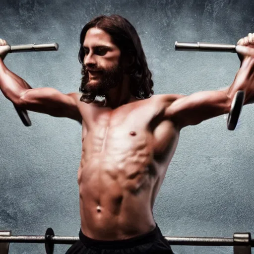 Image similar to jesus lifting weights while impressing women, hyper realistic, 4k, photograph