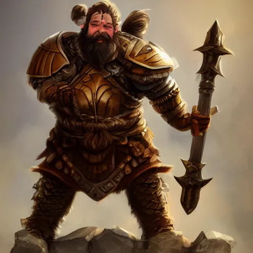 Prompt: middle - aged dwarven male, auburn hair and beard, wearing cataphract armor, wielding a large hammer, fantasy art, dungeons and dragons, concept art, trending on artstation