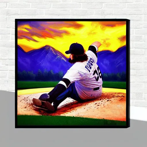 Prompt: a closeup photorealistic photograph of bob ross style kenny powers baseball, painting on canvas. mountains and trees. film still. brightly lit scene. this 4 k hd image is trending on artstation, featured on behance, well - rendered, extra crisp, features intricate detail, epic composition and the style of unreal engine.