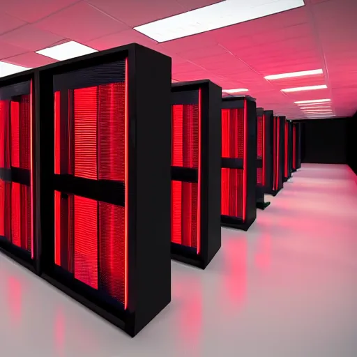 Image similar to evil server room, screen with ai face on it, dark, red lighting