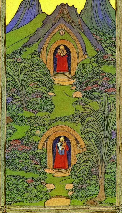 Prompt: hobbit monastery on hawaii, by Ivan Bilibin,