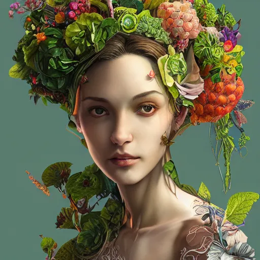 Image similar to the portrait of an absurdly beautiful, graceful, elegant, young woman made of fruits and green petals, an ultrafine hyperdetailed illustration by kim jung gi, irakli nadar, intricate linework, bright colors, octopath traveler, final fantasy, angular, unreal engine 5 highly rendered, global illumination, radiant light, detailed and intricate environment