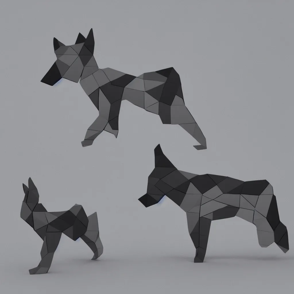 Image similar to 3 d render of chinese tangram of german shepherd figure made of dark gray pieces on light gray background, 2 d image