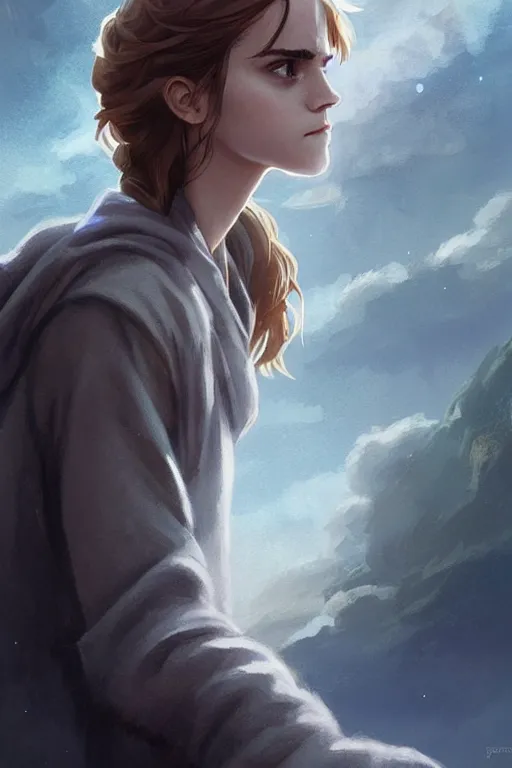 Image similar to Poster artwork, Emma Watson as Hermione Granger, magnificent, medium close up, details, sharp focus, elegant, highly detailed, illustration, by Jordan Grimmer and greg rutkowski and PiNe(パイネ) and 薯子Imoko and 香川悠作 and wlop!! and maya takamura, intricate, beautiful, Trending artstation, pixiv, digital Art