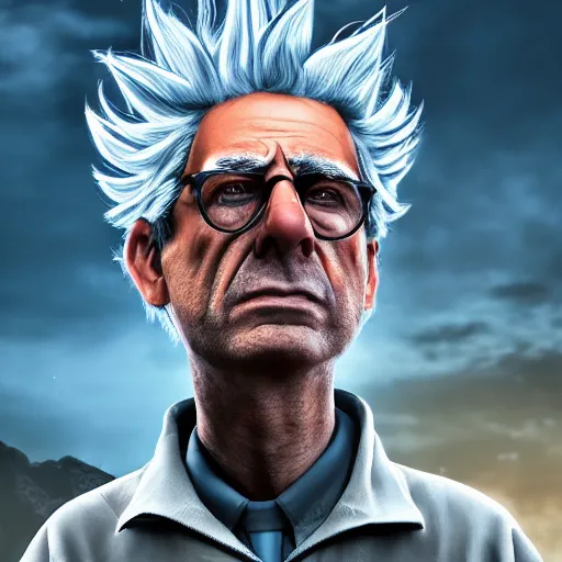 Image similar to portrait of real life rick sanchez. photo realism. dramatic lighting. alien planet background. 4 k