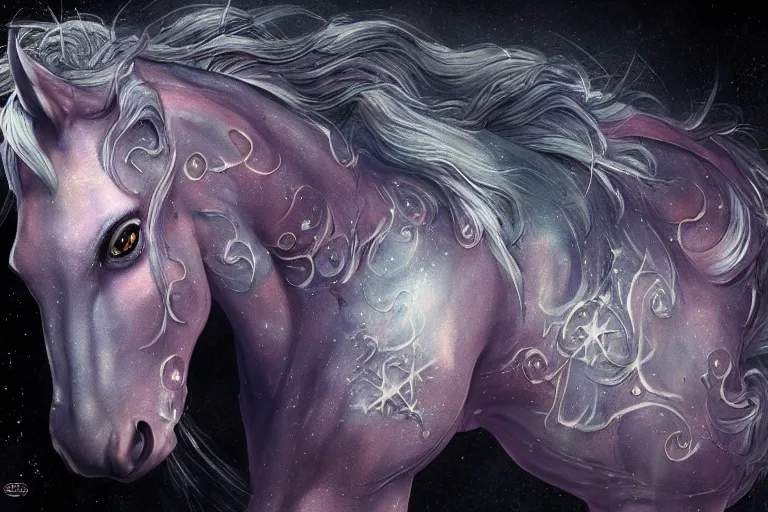 Image similar to a wlop 3 d render of very very very very highly detailed beautiful mystic portrait of a phantom undead horse with whirling galaxy around, tattoos by anton pieck, intricate, extremely detailed, digital painting, artstation, concept art, smooth, sharp focus, illustration, intimidating lighting, incredible art,