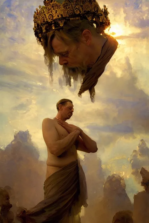 Image similar to beautiful impressionistic oil painting portrait of ancient roman god emperor steve buscemi ascending wearing the civic crown levitating in religious pose, art by anders zorn, wonderful masterpiece by greg rutkowski, expressive brush strokes, beautiful cinematic light, american romanticism by greg manchess, jessica rossier